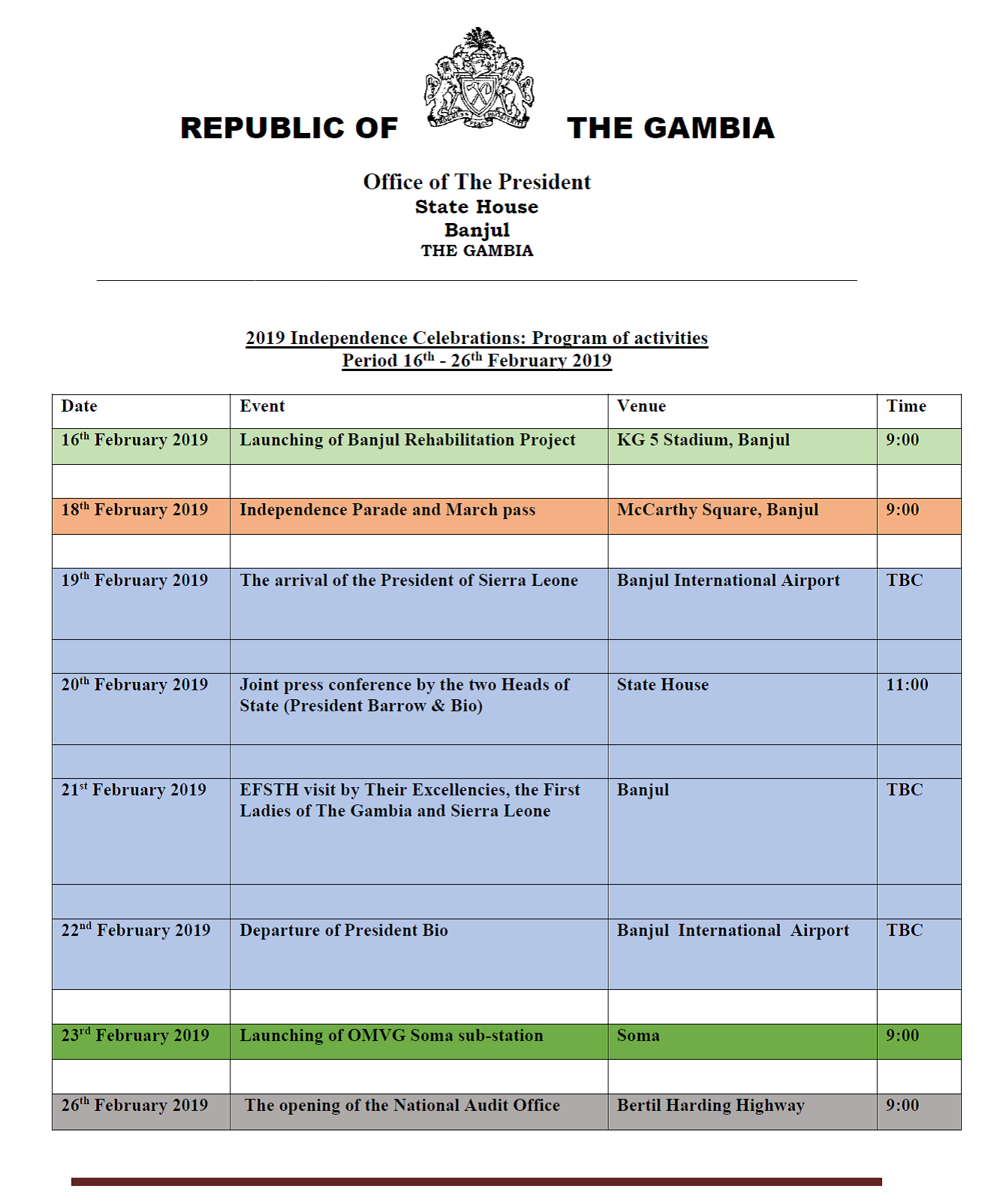 2019 Independence Celebrations: Program of activities