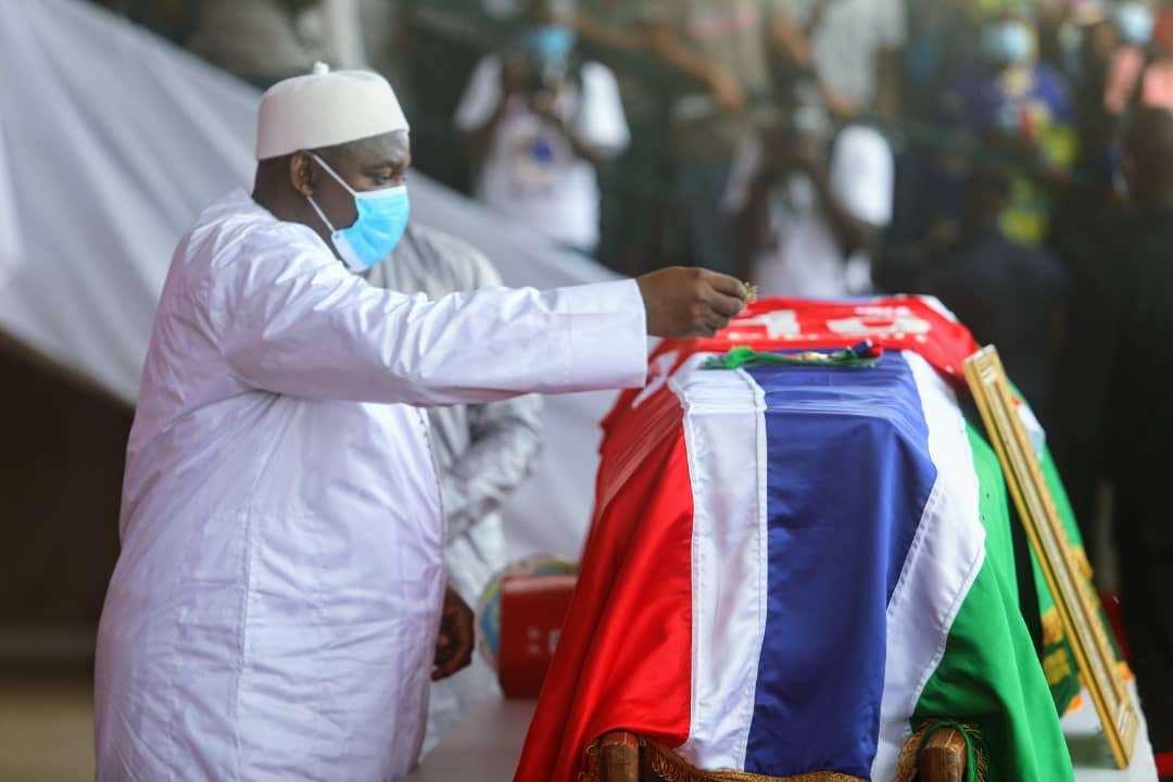 President Barrow pays tribute, last respect to late Gambian football legend Alh. Momodou Njie alias Biri Biri, conferred on him the insignia of GCRG posthumous for his dedication to the nation during a national funeral in his honour Wednesday at Arch 22