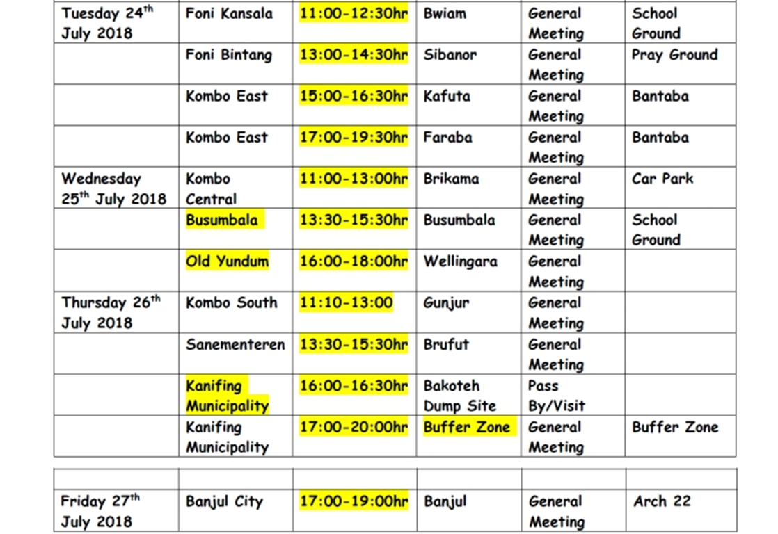 Updated Presidential Tour Itinerary 2018